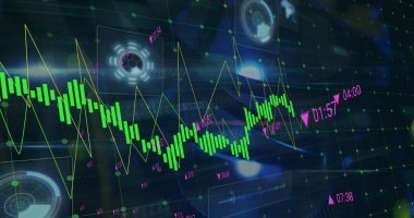 Gösterge panelinde yeşil şamdanla finansal veriler gösteriliyor. Pembe zaman çizelgesi. Gelecekçi, teknoloji, veri, görselleştirme, gösterge paneli, analitik, dijital