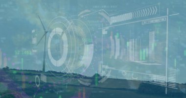 Rüzgar türbini, kırsal tepelerde dijital arayüzlerle enerji çıkışı verilerini topluyor. Yenilenebilir, sürdürülebilirlik, teknoloji, kırsal, analitik, çevre, temizlik enerjisi