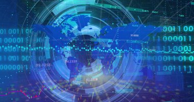 Holografik UI 'de veri yansıtan dönen dijital küre, tarama halkaları ve işaretleyicilerle birlikte. Teknoloji, veri, görselleştirme, holografik, arayüz, analiz, ağ