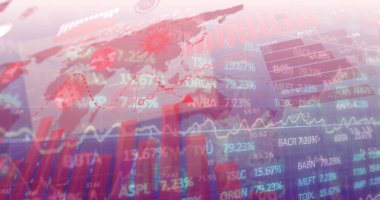 Ekranda sağlık ve mali verileri dünya haritaları, çizelgeler ve virüs simgeleriyle birleştiren grafikler gösteriliyor. Infographic, analytics, technology, digital, global, business, corporate