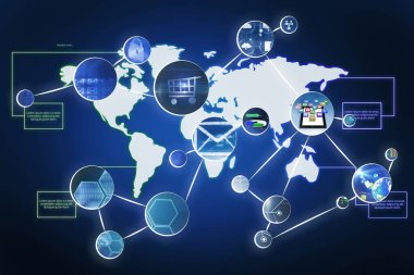 Stilize edilmiş düz tasarım ağı, gradyan harita silueti üzerinden birbirine bağlı teknik simgeleri gösteriyor. Küreselleşme, dijital iletişim, siber ağ, teknoloji, bağlantı, veri mimarisi, bilgi alışverişi