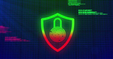 Siber güvenlik arayüzünde asma kilit ve parmak izini birleştiren kalkan simgesi gösteriliyor, ikili akışlar. Siber güvenlik, veri rotasyonu, dijital güvenlik, şifreleme, ağ, teknoloji, koruma