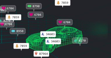 Uyarı simgeleriyle birlikte 3 boyutlu ızgara alanı içinde dönen kablo şeklindeki spor araba modeli. Gelecek, teknoloji, dijital, yenilik, sanal gerçeklik, minimalizm, otomotiv