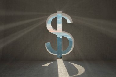 Minimalist düz sanat, beton odada dolar işaretini gösteriyor. Güneş ışınlarıyla dağlar dökülüyor. Modern, soyut, geometrik, sakin, manzaralı, mimari, doğal