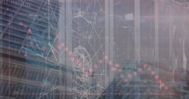 Ofis pencerelerinde süzülen kablo çerçevesi kafası, çizelge çizgileri ve parlayan düğümlerle gösteriliyor. Gelecek, teknoloji, yenilik, şirket, dijital, soyut, ağ