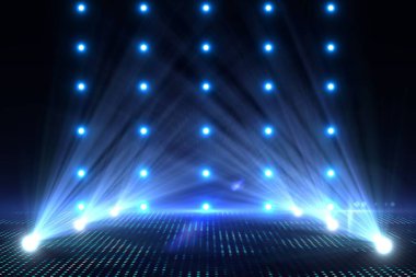 Mavi ışıklar dizisi ve LED zemin ışıkları karanlık performans sahnesinde parlıyor, fütüristik bir atmosfer. Sahne, performans, ışıklandırma, teknoloji, ambians, eğlence, gösteri
