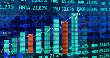 Ekranda gösterilen grafik, mavi-turuncu çizgiler ve trend çizgileri, kalp sembolleri ve yüzde rakamları ile. Analizler, yatırım, teknoloji, veri görselleştirme, finans, iş dünyası, dijital arayüz