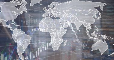 Altıgen ızgaralı veri torpidosunda dünya haritası çizelgesi gösteriliyor. Soyut, dijital, veri, analiz, teknoloji, finans, yatırım