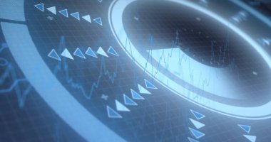 Izgara arka planında üçgen işaretler ve grafiklerle parlayan dairesel arayüz gösteriliyor. Futuristik, teknoloji, arayüz, dijital, görselleştirme, soyut, yüksek teknoloji