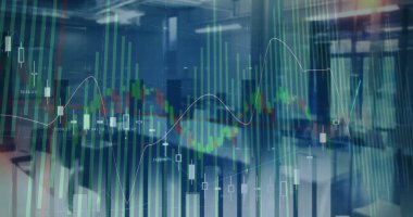 Ofiste finansal tablolar gösteriliyor: masalar, şamdanlar, histogram, trend çizgisi, etiketler. Finansal, veri, teknoloji, analitik, modern, çalışma istasyonu, şirket