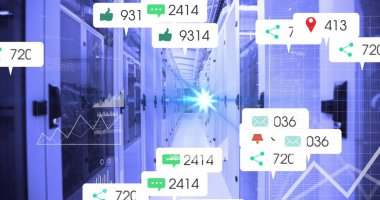 Veri merkezi koridorundaki raflar arasında yüzen sosyal simgeler ve grafiklerle merkezi koridor gösteriliyor. Gelecek, teknoloji, dijital, ağ, yenilik, bağlantı, altyapı