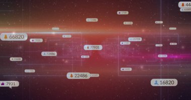 Yüzen çan bildirim baloncuğu siber arayüz üzerinden 66820 bildirim gösteriyor, kopyalama uzayı. Fütürist, teknoloji, dijital, neon, soyut, devre, ağ