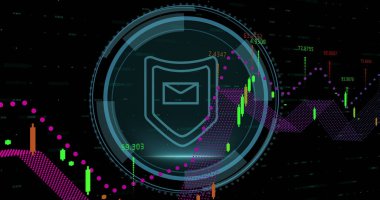 Güvenlik panelinde, şamdan çubukları ve trend çizgisi olan zarf simgesi gösteriliyor. Siber güvenlik, finans, analitik, veri, teknoloji, dijital arayüz