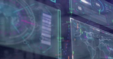 Gösterge panelinde gösterge paneli, gösterge, harita, dünya haritası ve şamdanlarla gösteriliyor. Teknoloji, analitik, görselleştirme, yenilik, arayüz, dijital, veri