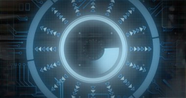 Merkezi dairesel ölçüm darbesi ızgara kaplamasında, halkalar, ok simgeleri ve devre izleriyle birlikte. Futuristik, teknolojik, dijital, arayüz, yenilik, siber, soyut