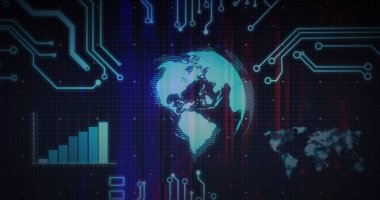 Şekillendirilmiş Dünya küresi, bar çizelgesi ve harita hatlarıyla sanal arayüzde dönüyor. Teknoloji, analitik, yenilik, fütürizm, veri görselleştirme, dijital ağ, yüksek teknoloji