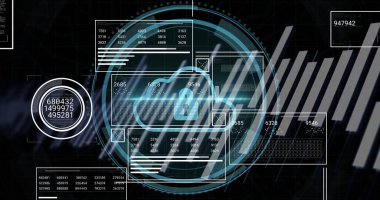 Siber güvenlik gösterge panelinde asma kilit ile holografik bulut simgesi gösteriliyor, dairesel ızgara gösteriliyor. Teknoloji, veritabanı, siber altyapı, dijital tasarım, yenilik, ağ, koruma