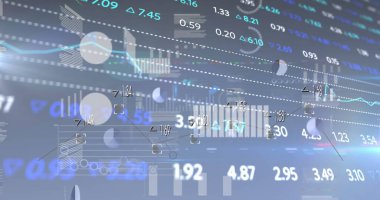 Yüzen finansal veriler çizgiyi gösteriyor, ekranda çubuk grafikler, turta segmentleri, işaretleyiciler ve oklar var. Analizler, teknoloji, veri görselleştirme, kurumsal, modern, arayüz, dijital