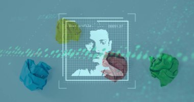 Siluet ve kimliği turkuaz arka planda veri noktaları ve kağıt toplarla gösteren ızgara örtüsü gösteriliyor. Teknoloji, veri, analiz, dijital, geleceksel, yenilik, arayüz