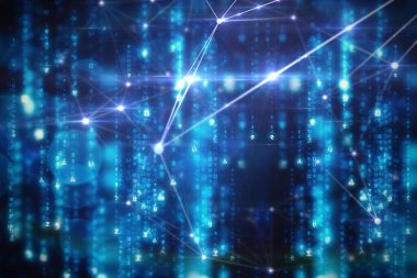 Dijital soyut sahne ışıldayan mavi kod akımlarını ve yanan bağlantılara sahip beyaz ağ düğümlerini gösteriyor. Teknoloji, veri, ağ, fütürizm, yenilik, siber, görselleştirme