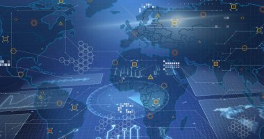 Sanal küresel harita, dijital torpido gözüne ızgara ve veri düğümleriyle HUD örtüleri yansıtılıyor. Gelecek, teknoloji, bağlantı, yenilik, veri, görselleştirme, dijital