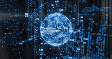 Holografik küreyi yansıtmak, 3D veri görselleştirmesini aydınlatmak, kod parçaları ve ölçümleri göndermek. Teknoloji, veri, yenilik, gelecek, bağlantı, dijital, görselleştirme