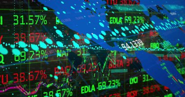Harita örtüsü ve neon yüzdelerle ticaret panelinde finans piyasası grafik çizelgeleri. Finans, analitik, teknoloji, dijital, yatırım, veri, pazar