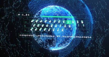 Karanlık ağ uzayında dönen parlayan dijital küre ve kod panelleri numaraları gösteriyor. Teknoloji, siber güvenlik, veri görselleştirme, siber alan, dijital arayüz, ağ mimarisi, gelecekçi