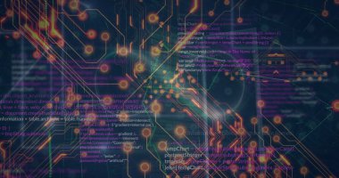 Izgara uzayda parlayan düğümler ve kodlarla devre ve kod görselleştirmesi gösteriliyor. Teknoloji, yenilik, siber, fütürizm, veri, dijital, ağ