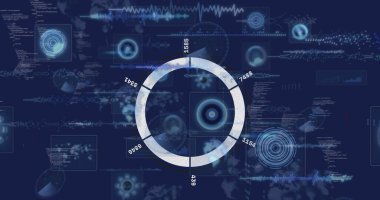 HUD çizelgeleri ve kod panelleri ile, arayüzde beyaz-mavi parlayan segmentli halka grafiği gösteriliyor. Teknoloji, veri görselleştirme, analitik, arayüz, gelecekçilik, dijital, gösterge paneli