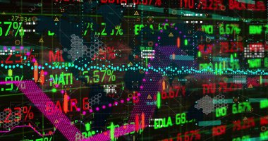 Ticaret ekranında, şamdan çubukları ve ok simgeleriyle dijital borsa arayüzü gösteriliyor. Finans, teknoloji, veri görselleştirme, gösterge panelleri, analitik, yatırım, yenilik