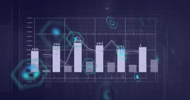 Başlangıçta çizgi çizelgesi yükselirken çubuklar kayar ve enerji eğilimlerini görselleştiren simgeler büyülenir. Analiz, istatistik, fütüristik, dijital, bilgi grafikleri, yenilik, teknoloji