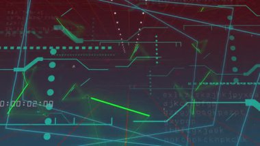 HUD kayan neon-mavi ızgara yükleme, kırmızı arkaplanda yeşil ışınlar ile başlar. Gelecek, teknoloji, arayüz, dijital, animasyon, siber, yenilik