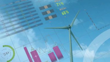 Açık gökyüzü veri başlatma görselleri rüzgar türbinleri dönerken ve çıktıları gösterirken kayboluyor. Sürdürülebilir, yenilenebilir, görselleştirme, analitik, yenilik, teknoloji, çevre