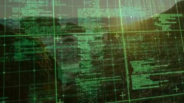 Yeşil ızgara UI 'nin okyanus günbatımı kodunda ortaya çıkmasından sonra tarama sahili sola kayıyor. Gelecekçi, yenilikçi, teknoloji, dijital, siber güvenlik, veri, arayüz