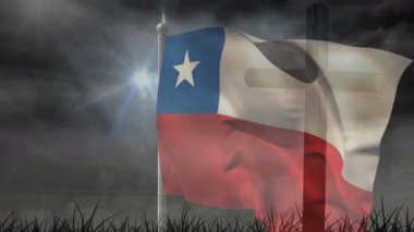 Yükselen meltem mavi kanton bayrağına neden olurken beyaz yıldız bulutlu gökyüzüne mercek parlamasıyla dalgalanıyor. Vatanseverlik, doğa, kumaş, hareket, fırtına, drama, aydınlanma