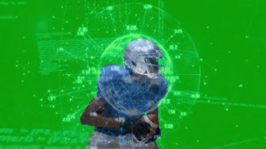 Futbolcu oyun kurucu, pas hazırlığı için somutlaştırılan dünya verilerine tutunan defans oyuncusunu tarıyor. Atletik, spor, dijital, teknoloji, rekabet, aksiyon, stadyum