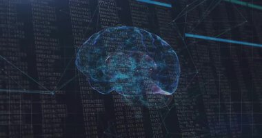 Çubuk taraması ve görselleştirme verilerini kodlarken solgun mavi beyin ızgara üzerinde dönüyor. Teknoloji, sinirsel, yenilik, dijital, geleceksel, veri, siber