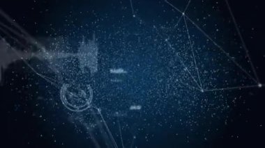 Ağ oluşturan noktalar, noktalı dalga biçimi darbeleri, ağ dönüşleri, donanma alanında geri çekilen elementler. Soyut, geleceksel, teknoloji, bağlantı, hareket, dijital, ağ