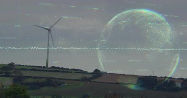 Veri taraması ve dijital küre enerji bağlantısı kurarken rüzgar türbini dönüyor. Yenilenebilir, sürdürülebilirlik, teknoloji, yenilik, manzara, çevre, fütürist