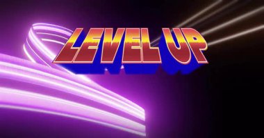 3 boyutlu LEVEL Up metninin solundaki soldan gelen neon kurdeleler kayan değişken değişken enerji enerjisiyle siliniyor. Gelecekçi, enerjik, dinamik, soyut, enerjik, dijital, modern