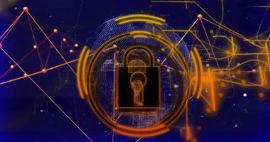 Merkezde asma kilit var. Sürücü küresi dönüyor. Ağ kodları birbirine bağlanıyor. Siber güvenlik, şifreleme, dijital, teknoloji, ağ, koruma, fütürist