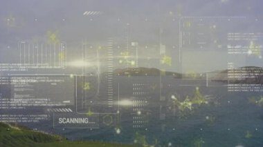 Upon coastal view appearing UI overlay scanning nodes and data bars intensifying toward activation. Futuristic, technology, interface, data, analysis, ocean, landscape