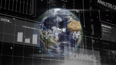 Karanlık şebeke 3 boyutlu Dünya 'yı başlatıyor. HUD taraması sırasında dönüyor. Görsel analiz tamamlanıyor. Teknoloji, veri görselleştirme, fütürizm, dijital arayüz, yenilik, analiz, sanal ortam