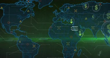 Yeşil tarama hattı koyu arkaplanı süpürüyor. Genişleyen mavi dünya haritası ve dolar simgeleri başlatılıyor. Dijital, geleceksel, neon, küresel, teknoloji, ağ, finans