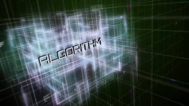 Ortaya çıkan neon sisi, 3D kablo grafiğini gösteriyor ALGORITHM 'i kaydırma kodlarıyla birlikte ızgarada atıyor. Dijital, teknoloji, modern, fütüristik, soyut, yenilikçi, ağ