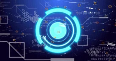 Zamanlayıcı, holografik arayüzü çalıştırıyor. Cyan halkalarını döndürüyor ve verileri tarayan düğümler dönüyor. Futuristik, teknoloji, animasyon, dijital, arayüz, sanal, siber