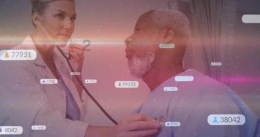 Doctor placing stethoscope over patient gown and generating live data overlays to monitor heartbeat. Medical, healthcare, diagnostics, technology, clinical, professionalism, supervision