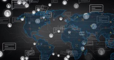Ana hatlarıyla parlayan avatar simgeleri sohbet baloncukları dünya haritasında ağ büyümesini gösteriyor. Teknoloji, bağlantı, dijital, ağ, iletişim, yenilik, veri görselleştirme