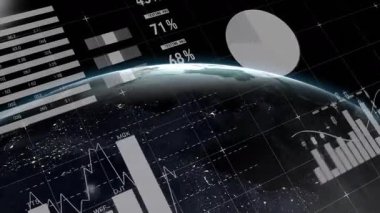 Kaybolan UI elementleri ızgara üzerinde başlatılıyor. Bu sırada Dünya 'nın 3 boyutlu küresinde canlı veri ölçümleri gösteriliyor. Teknoloji, analitik, görselleştirme, dijital, fütürizm, yenilik, veri